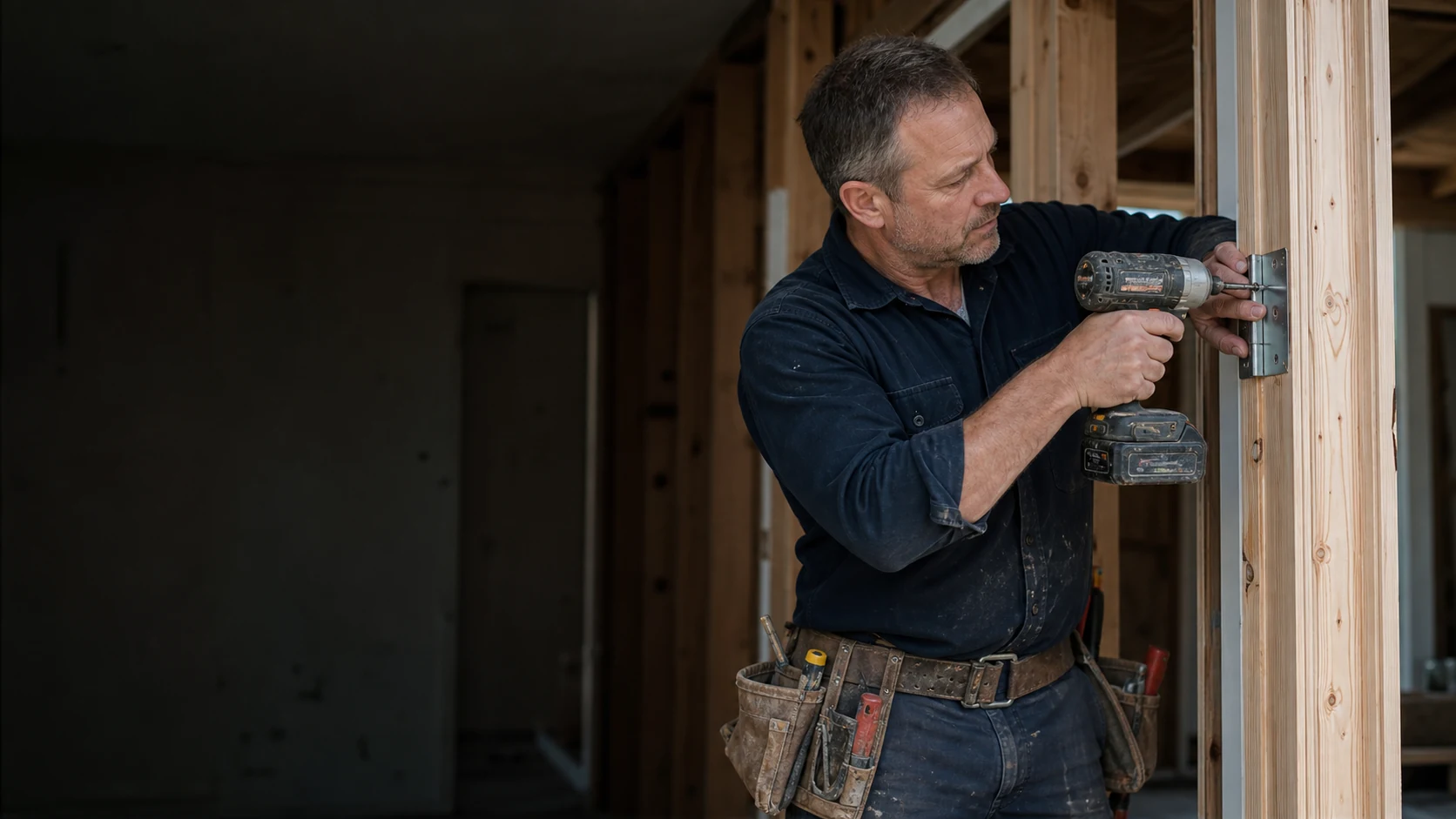Experienced contractor fastening a hinge during a home renovation
