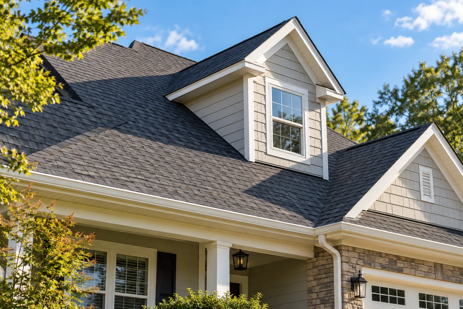 Illustrative Midwest home with a charcoal shingle roof and dormer